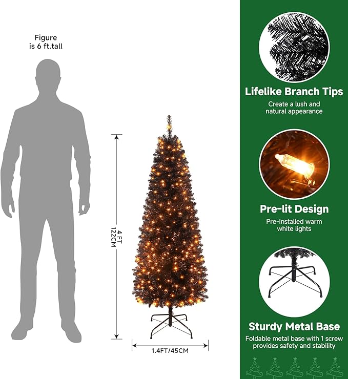 SHareconn 4ft Prelit Artificial Hinged Slim Pencil Christmas Tree with Warm White Lights, Full Branch Tips, Perfect Choice Decoration for Xmas Holiday, 4 FT, Black
