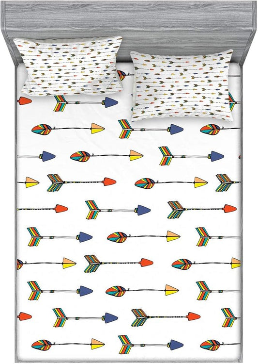 Ambesonne Arrow Fitted Sheet & Pillow Sham Set, Colorful Graphic with Hand Drawn Arrow Retro Native Apache Folk, Decorative Printed 3 Piece Bedding Decor Set, King, Yellow Multicolor