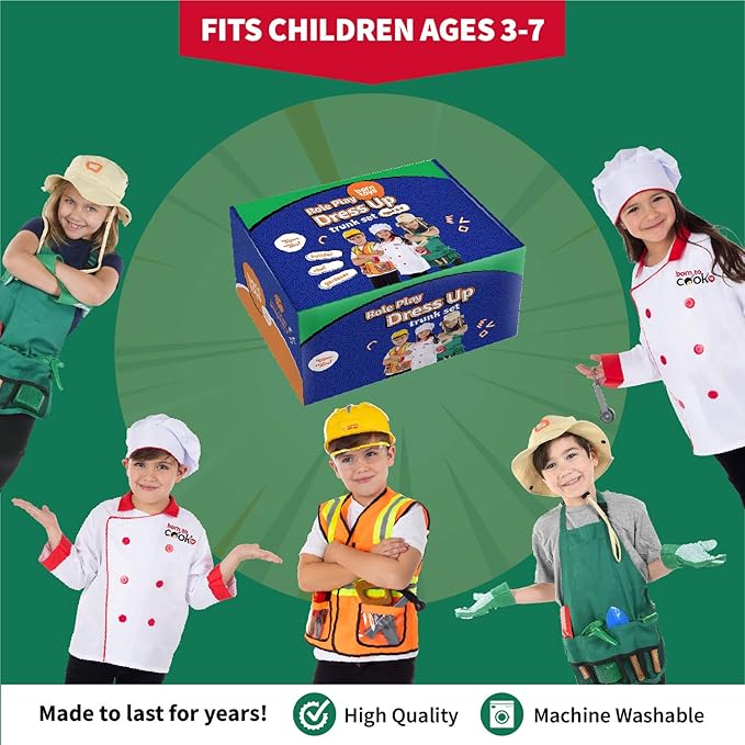 Born Toys Kids Dress Up Costumes for Toddlers - Washable Play Outfits for Boys & Girls, Ages 3-7 (Worker, Chef, Gardener)