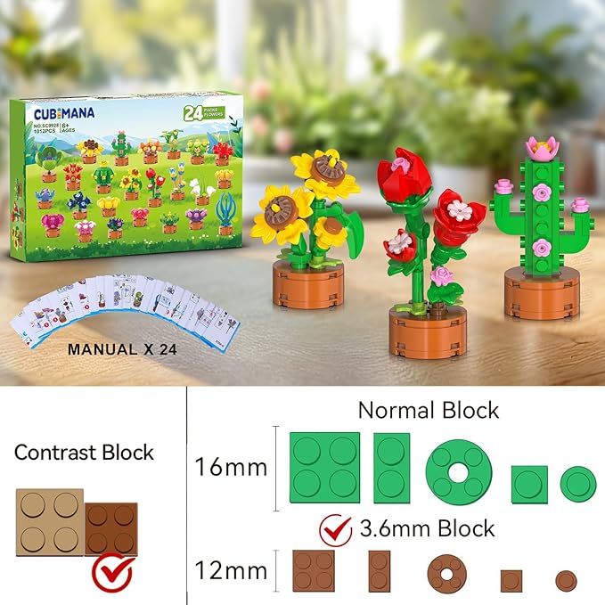 24 Pack Flowers Succulent Party Favors for Kids Building Set - 1012PCS Botanical Bonsai 3.6MM Mini Building Blocks Toy for Classroom Prizes Easter Basket Stuffer Birthday Gift for Girl Boy 6+