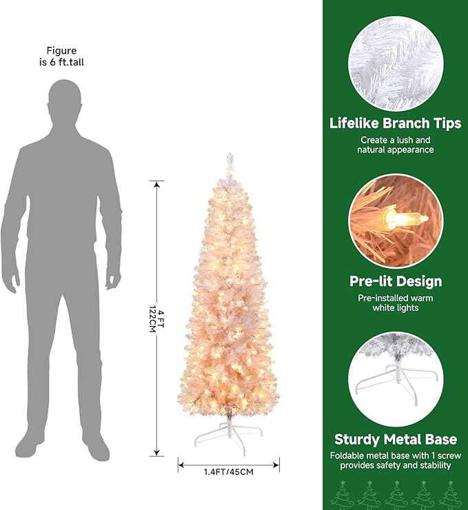 SHareconn 4ft Prelit Artificial Hinged Slim Pencil Christmas Tree with Warm White Lights, Full Branch Tips, Perfect Choice Decoration for Xmas Holiday, 4 FT, White