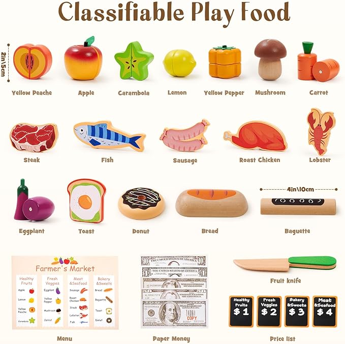 Toyssa Wooden Play Food Sets for Kids Kitchen, Play Toy Foods for Toddlers with Realistic Colors & Play Money, Pretend Play Kitchen Accessories Christmas Birthday Gifts for Girls Boys 3 4 5 6 7