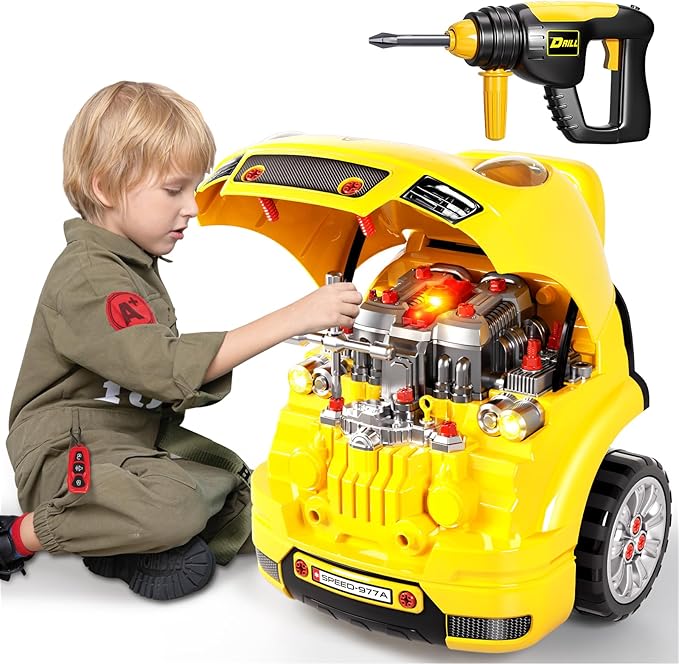 Deejoy Large Truck Builder Kit for Toddlers 3-5, Kids Mechanic Workshop Set with Light and Sound, Removable Engine, Yellow, 15.3x18.7inch