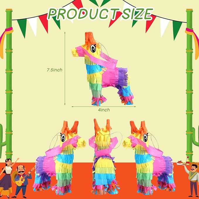24 Pcs Mini Donkey Pinatas Little Rainbow Donkey Pinatas Bulk Cinco De Mayo Mexican Party Favors for Mexican Carnivals Festivals Taco Tuesday Event, 7.5 x 4 Inches