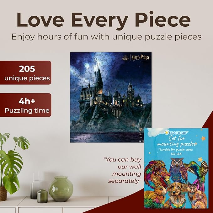 CRAFTHUB Harry Potter Puzzle – Magical Hogwarts Castle – A3 Size – Wooden Jigsaw Puzzles for Adults – 205 Unique Shaped Pieces – Officially Licensed Merchandise – 10.8" x 10.9"