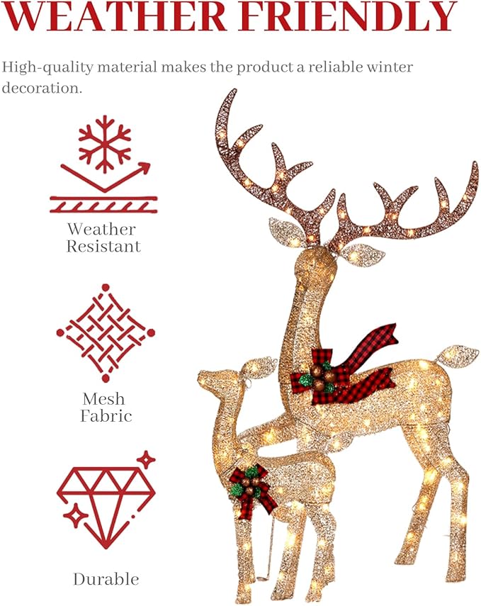 3-Piece Large Lighted Christmas Deer Family Set, 3D Reindeer Christmas Indoor and Outdoor Decoration with 225 Warm White LED Lights, Ground Pegs, Cable Ties. Suitable for Patio Garden Party-Champagne