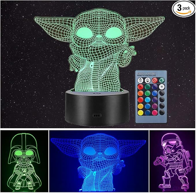 Manco 3 Pattern 3D Illusion Star Wars Night Light for Kids, 16 Color Change Decor Lamp - Star Wars Toys and Gifts Baby Yoda/Darth Vader/Stormtrooper