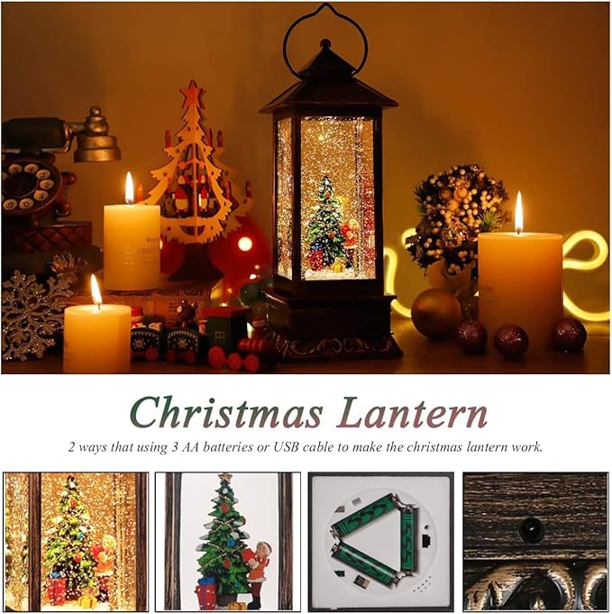 Christmas Decorations Home Lighted Christmas Snow Globe Christmas Lanterns Water Lanterns Glittering with Music USB and Battery Operated Singing Snow Globe Decoratives (Christmas Tree)