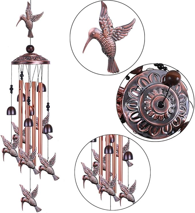 Garden Hummingbird Wind Chimes Outdoor Decor - with 4 Tubes 6 Bells 7 Hummingbirds Mobile Romantic Wind Catcher, Hummingbird Windchimes for Home, Xmas Mom Gifts, Festival, Balcony, Garden Decoration