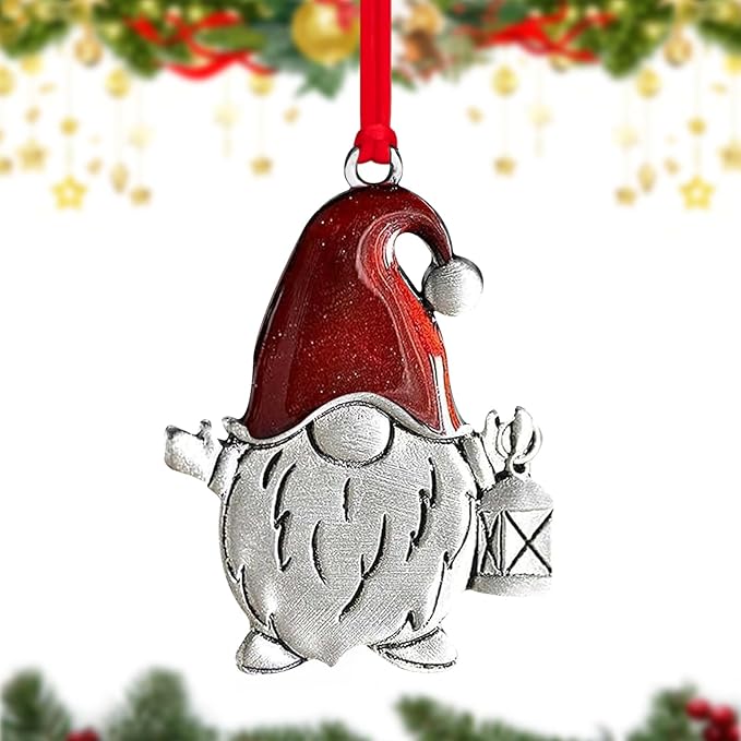 Metal Gnome Christmas Tree Ornaments 2025 - Pewter Plated Vintage Style Holiday Ornament with Hanging Cord