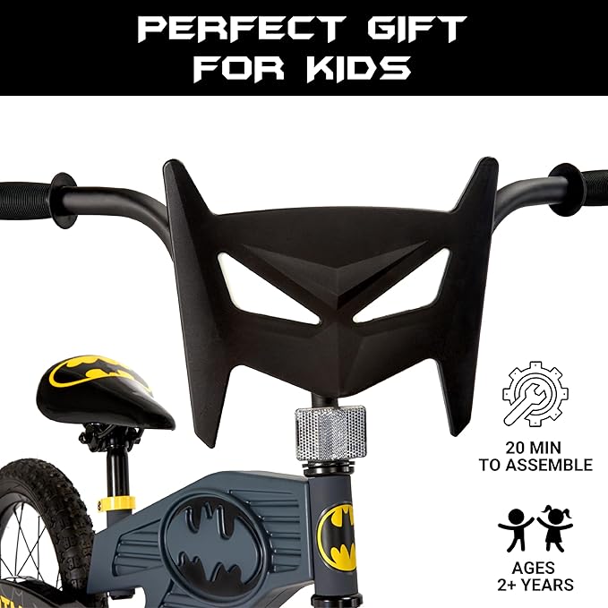 Batman 16 Inch Bike for Kids | Detachable Training Wheels for Safety and Balance | Pedal Powered Bicycle for Young Superheros Ages 4-8 | Perfect Boys & Girls Gift | Adjustable Seat