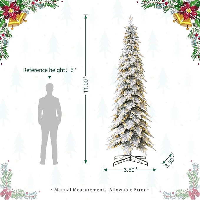Glitzhome 11ft Pre-Lit Flocked Pencil Spruce Artificial Christmas Tree Chicago Frostwood Spruce with 700 Warm White Lights for Home, Office, Party Decoration