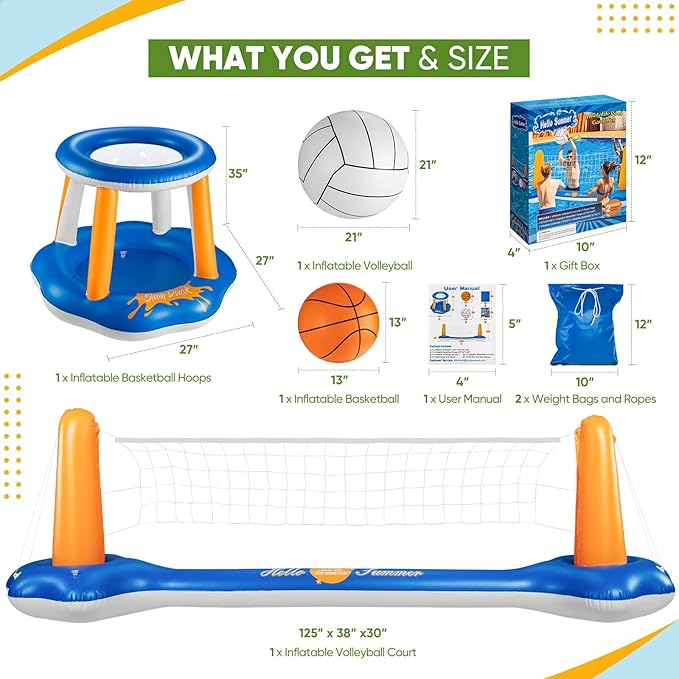 10.4' Larger Pool Volleyball Set & Basketball Hoop - 2024 NEW Pool Volleyball Net for Inground Pools Includes 2 Balls & 2 Weight Bags, Pool Toys Games for Adults and Family Party - Idea Summer Gift