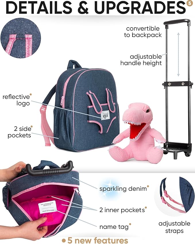 Toddler Luggage w Pink Dinosaur Toys, Kids Rolling Backpack for Girls, Boys, Toddler Suitcase, Gifts for 3 4 5 6 Year Old