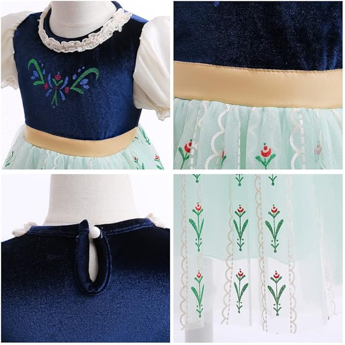 REXREII Girls Anna Princess Costume Frozen Elsa Snow Queen Dress Halloween Cosplay Xmas Birthday Party Gown (w/Accessories)