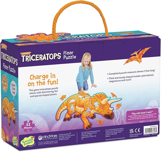 Peaceable Kingdom Giant Floor Puzzles with Uniquely Fun Shaped Pieces for Kids Ages 3+ Gifts for Boys and Girls - Triceratops