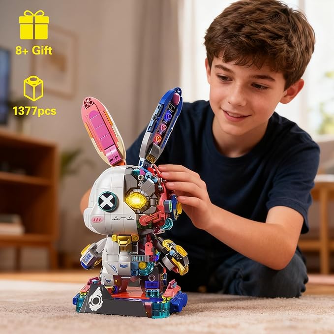 Mechanical Rabbit Building Set - Punk Style Animal Collection Toy Robot Bunny Sets with LED Light Neon Style Collectible Building Toy Home Decor Gift for Boys Girls Adults Teens Kids Ages 12+, 1377PCS