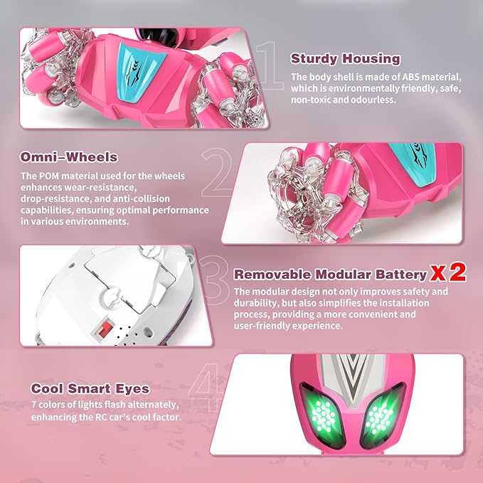Gesture Sensing RC Stunt Car, Birthday Gifts Toys for Kids, 5-7 6-12 8 9 10 11 Years Old Boys and Girls Remote Control Car, Modular Battery, Type C Charging, 360° Rotating, 4WD Drift (Barbie-powder)