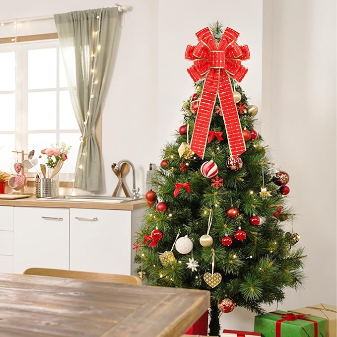 2PCS Red/Gold Velvet Christmas Bows with Gold Shiny Patches - 11"x19.6" Holiday Decor for Tree Topper Wreaths Door Windows Fireplace Fence Porch Gifts Parties Indoor/Outdoor Decorations