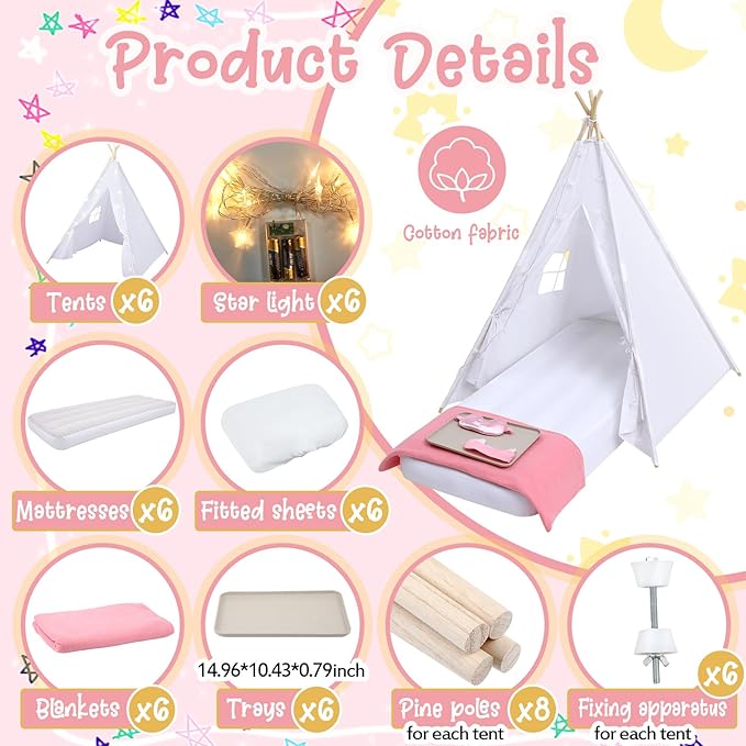 Windyun 6 Pack Kids Teepee Tent Bulk with Light and Inflatable Airbed, Natural Cotton Toddler Play Tent Washable for Girls Boys Indoor Outdoor Slumber Party Birthday Gifts (White)