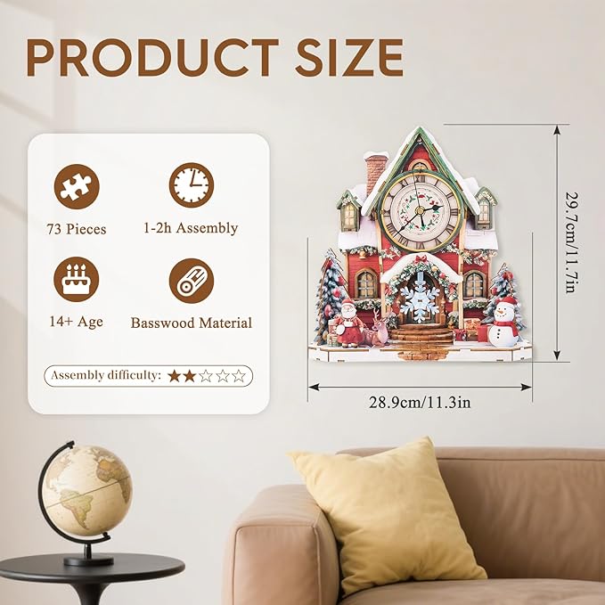 3D Puzzles for Adults Clock-Christmas House Design Model Kit-Mechanical DIY Pendulum Clock with Roman Numerals-Desk Home Office Decor Personalized Gift for DIY Lovers