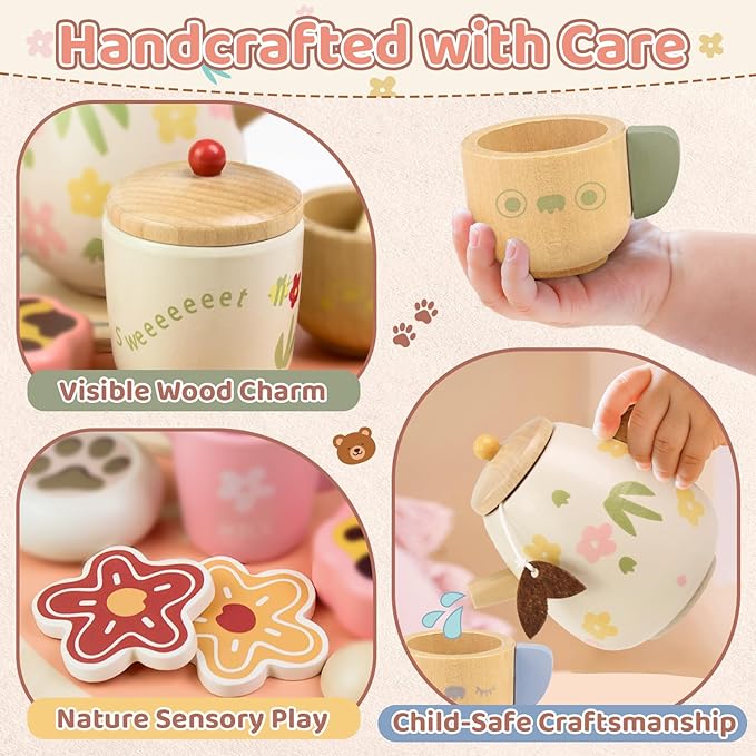 Tea Party Set for Toddlers 3-5 Girls Boy Birthday Gift Pretend Play Food Wooden Picnic Outdoor Toys Kids Age 2 3 4 5 6 Educational Wood Toy
