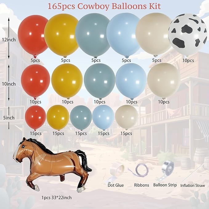 165Pcs Cowboy Balloon Arch Garland Kit with Red Yellow Blue White Cow Print Horse Balloons for Boy Story Baby Shower, Cowboy Party Supplies, First Birthday Boy Decoration, Highland Cow Garland