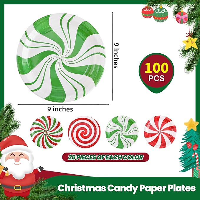 100 Pack Christmas Candy Paper Plates Peppermint Disposable Dinner Plates 9 Inch Red Green Holiday Serving Plates for Christmas Party Supplies Tableware Decoration