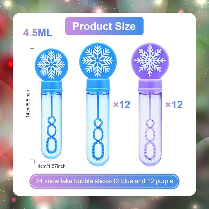 24 Pack Snowflake Bubble Wands for Kids - Large Cartoon Winter Bubbles Bulk with Refill Solution Toys for Christmas Stocking Goodie Bag Stuffers, Carnival, Boys Girls Birthday Gifts Party Favors