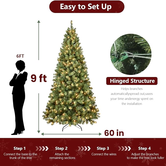 9ft Per-Lit Artificial Christmas Tree with 950 Warm White Lights, Premium Full Hinged Prelight Christmas Tree with 1930 Steel Branch Tips,Green Xmas Tree for Easy Holiday Setup, Foldable Base