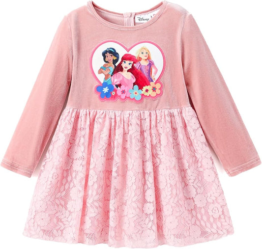 Disney Frozen Elsa Princess Cinderella Ariel Jasmine Rapunzel Baby/Toddler Dress, Ruffle Long-Sleeve Mesh Overlay Tulle Dress