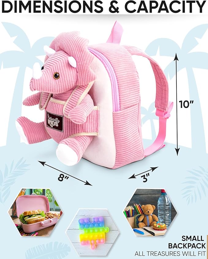 Naturally KIDS Pink Triceratops Toy, Triceratops Stuffed Animal for 2 3 4 5 Year Old Girl, Stuffed Dinosaur for Girls, Pink Toddler Backpack