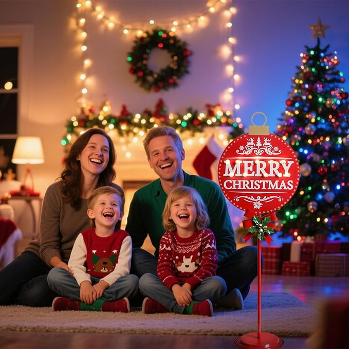 Merry Christmas Sign with LED Light Battery Operated with Timer Christmas Signs with Base Xmas Holiday Decorations Patio Lawn Yard Outdoor Display Decor Round