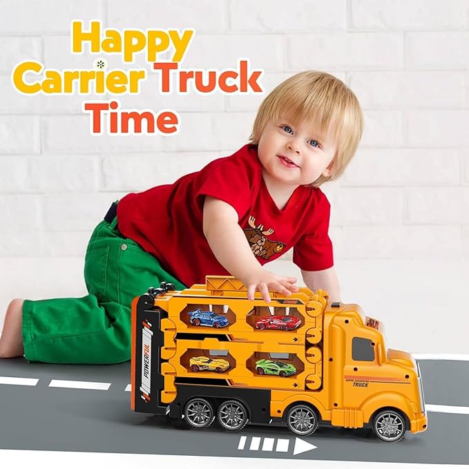Veslier Toddler Car Truck Toys Gifts for 3 4 5 6 Years Old Boys, Toy Track Set Construction Trucks with 12 Pcs Cast Cars, Transforms into Transport Truck, Gifts for 3 4 5 6 Year Old Boys.