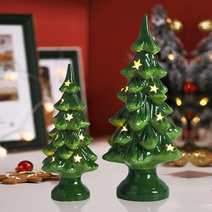 Taman Ceramic Christmas Tree, 2 Pack Tabletop Light Up Decoration with Warm Lights for Christmas Holiday Indoor Decorations