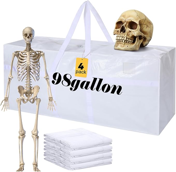 Windyun 4 Pack 98 Gallon Extra Large Storage Bags XXL Moving Bags with Zipper Handles Heavy Duty Jumbo Big Totes Box for Halloween Skeleton 4-12 Feet Christmas Tree Storage College Dorm Cloth (White)