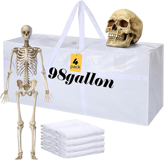 Windyun 4 Pack 98 Gallon Extra Large Storage Bags XXL Moving Bags with Zipper Handles Heavy Duty Jumbo Big Totes Box for Halloween Skeleton 4-12 Feet Christmas Tree Storage College Dorm Cloth (White)