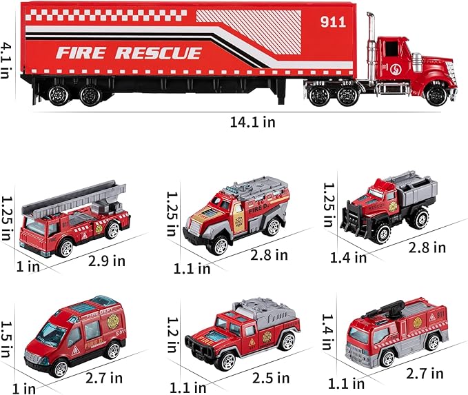 TEMI Diecast Emergency Fire Rescue Vehicle Toy Set w/Play Mat, Truck Carrier,Ambulance, Alloy Metal Fighting Car for 3 4 5 6 Years Old Toddlers Kids Boys and Girls