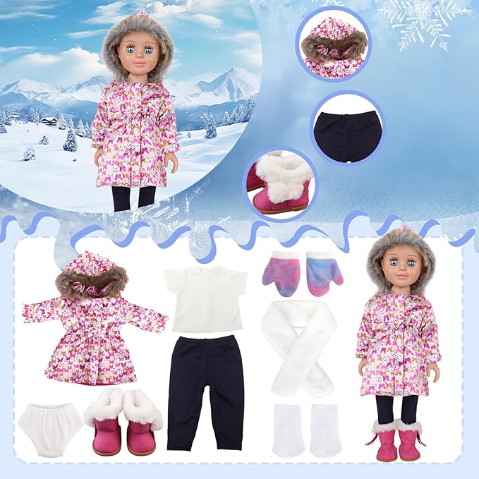 18-inch Doll Down Jacket, Doll Winter Clothing Set, 5 Different Colors and Patterns Available. (Pink-Butterfly Print)