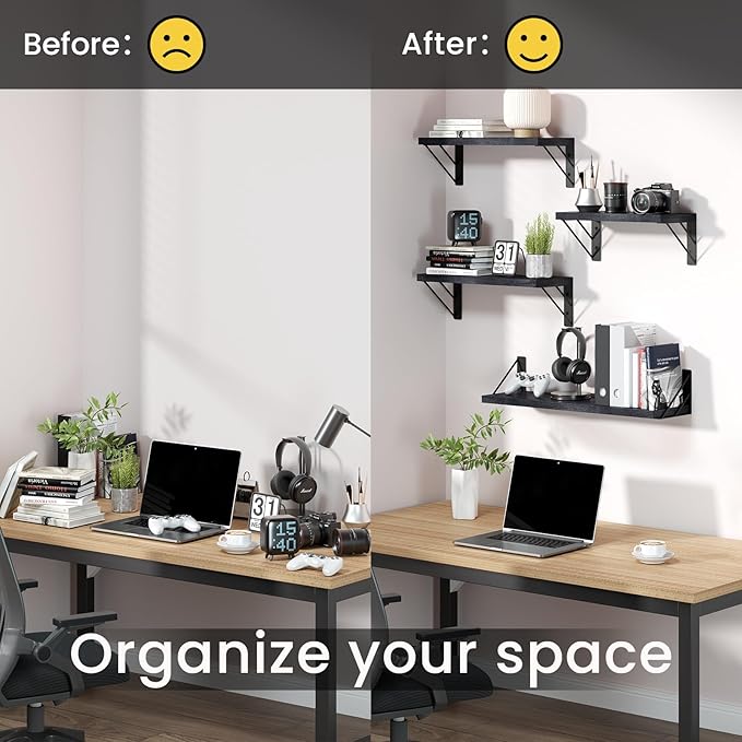 BAYKA Wall Mounted Floating Shelves, Wood Floating Wall Shelf for Books & Decor, Small Space-Saving Display & Organizer（Black，Set of 4）