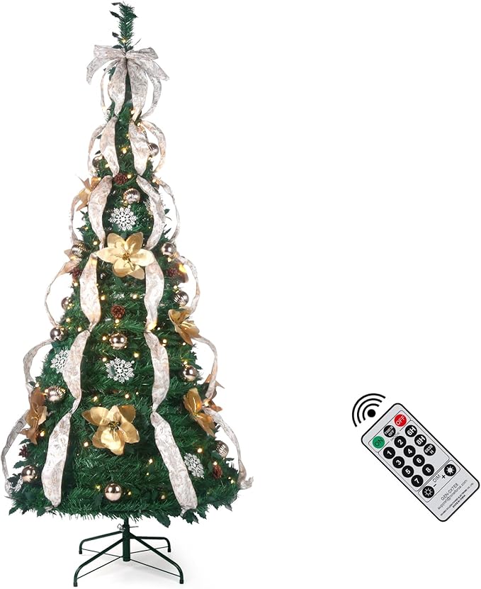 Pop Up Christmas Tree with Lights and Decorations & Remote, 6FT Prelit Pull Up Artificial Xmas Trees Decorated Christmas Tree with Red Gold Christmas Ball Ornaments Bows Ribbons Holiday Party Decor