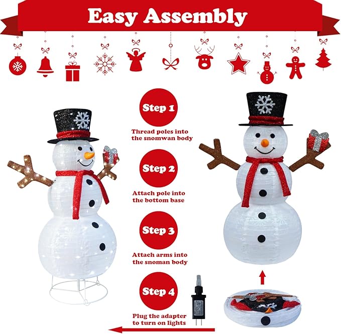 Outdoor Snowman Lighted, Pop-Up Snowman Outdoor Yard Christmas Decorations Prelit 100 Lights, Collapsible Lighted Snowmen Wears Red Scarf and Holds Light Up Gift Box for Home Porch Yard Décor-Red
