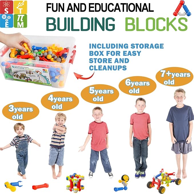 170 Pcs STEM Building Toys for Kids Ages 4-8, Building Blocks Educational Construction Engineering Building Kit for Ages 3 4 5 6 7 8 9 Year Old Creative Kids Games, Christmas Birthday Gifts Boys Girls