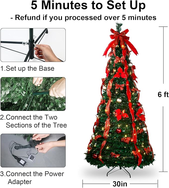 6FT Pop Up Christmas Tree with Prelit Lights and Decorations & Remote & Timer, Pull Up Artificial with Christmas Ball Ornaments Bows Ribbons for Xmas Party Decor