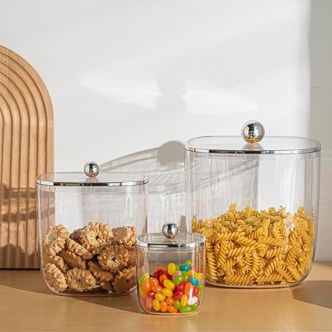 50oz Plastic Candy Dish with Lid for Office Desk, Cookie Storage Jar for Kitchen Counter, Plastic Apothecary Jar for Cotton Swabs, Balls, Cotton Pads, Floss Picks, Clear Lid, 1500ml