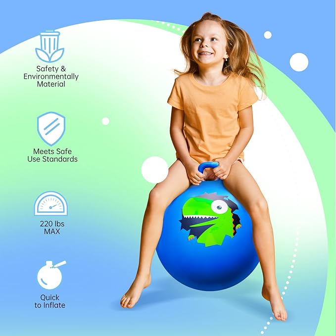 ZOOJOY 20 Inch Hopper Balls for Kids 5-12, Sit On Bouncy Ball with Handle, Inflatable Hippity Hop for Indoor/Outdoor Play, Dinosaur Jumping Toys for Boys & Girls Gifts with Air Pump