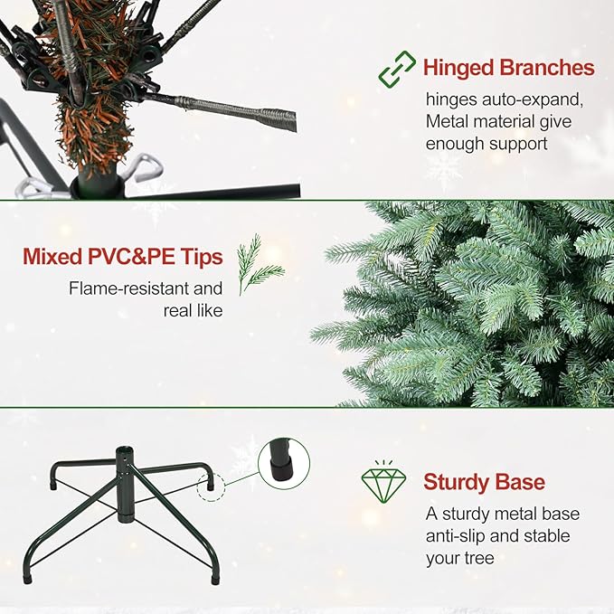 7.5 Ft Pre-Lit Artificial Christmas Tree, w/ 550 LED Warm Lights, 2148 PE&PVC Mixed Branch Tips, Faux Xmas Tree for Home, Office, Party Decoration, Easy Assembly, Metal Hinges & Foldable Base