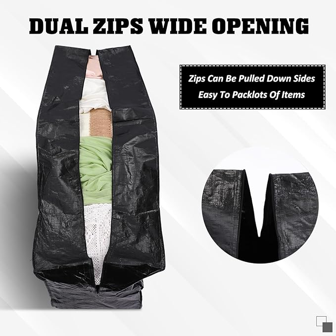 Windyun 4 Pack 75 Gallon Extra Large Storage Bags XXL Moving Bags with Zipper Handles Heavy Duty Jumbo Big Totes Box for Halloween Skeleton 4-12 Feet Christmas Tree Storage College Dorm Cloth (Black)