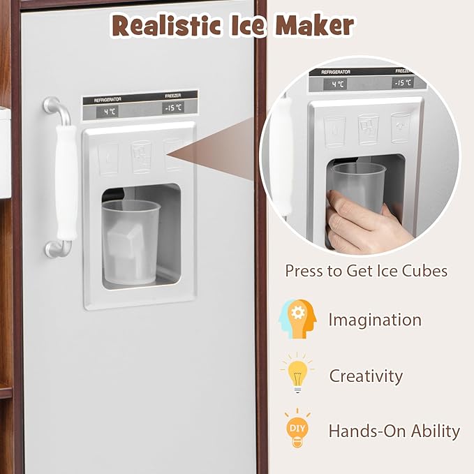 Costzon Kids Kitchen Playset, Wooden Pretend Cooking Kitchen Toy with Realistic Sounds & Light, Range Hood, Microwave, Ice Maker, Sink & Faucet, Toddler Play Kitchen, Gift for Boys & Girls 3+