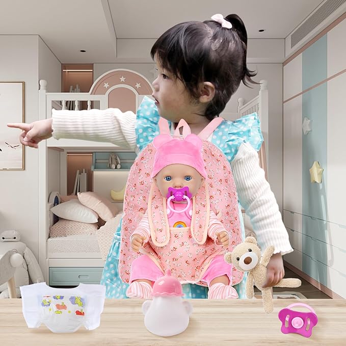 Baby Doll Clothes with Doll Backpack Carrier for 14-18 Inch Doll,Reborn Baby Doll Accessories Set with Doll Bottles Doll Pacifiers for Toddlers and Kids 2 3 4 5 Year Old（Doll not Included）